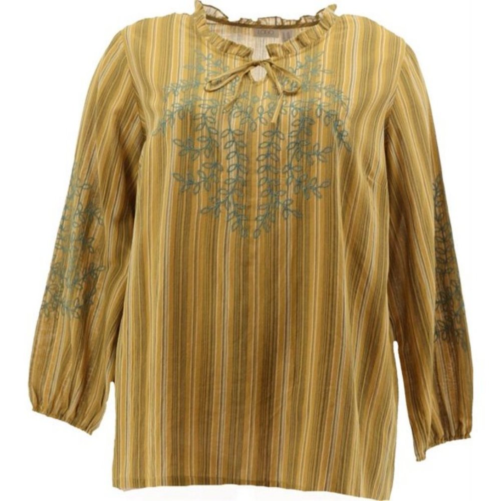 NWT LOGO BY LORI GOLDSTEIN STRIPED WOVEN EMBROIDERED BLOUSE VINTAGE GOLD‎ MEDIUM